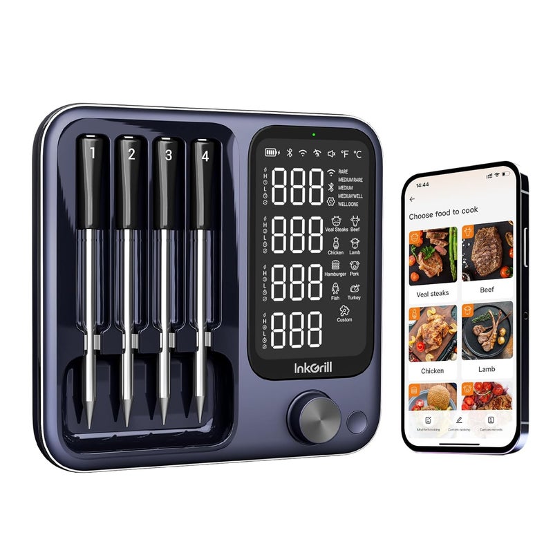 InkGrill Wireless Meat Thermometer with APP Control，4 Probes Meat Thermometer Digital, Unlimited Range WiFi & Bluetooth Meat Thermometerfor for Rotisserie，Grill，Oven，Smoker，BBQ, Air Fryer - Image 1